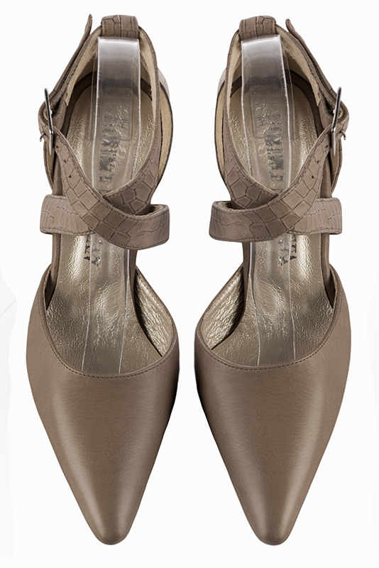 Bronze beige women's open side shoes, with crossed straps. Tapered toe. High slim heel. Top view - Florence KOOIJMAN
